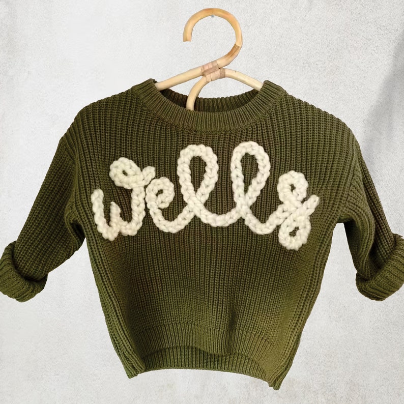 Hand Embroidered Custom Baby Name Sweater, Personalized New Baby Knitted Comforts Colors Sweater, Baby Girls Sweater with Name Birthday Gift Army Green