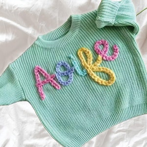 Hand Embroidered Custom Baby Name Sweater, Personalized New Baby Knitted Comforts Colors Sweater, Baby Girls Sweater with Name Birthday Gift Light Green
