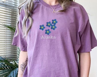 Embroidered Alaska Flower Tshirt, Comfort Colors Crewneck Summer Shirt, Long Distance Vintage Tee Top, Couple Matching 1st Anniversary Gifts