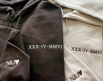 Embroidered Roman Numeral Hoodie, Personalised Heart Initial On Sleeve Jumper, Matching Couple Memorial Date Sweatshirt, Gift For Husband