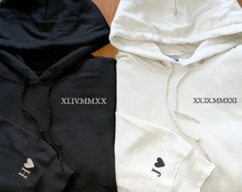 Embroidered Roman Numeral Hoodie, Personalised Heart Initial On Sleeve Jumper, Matching Couple Memorial Date Sweatshirt, Gift For Husband