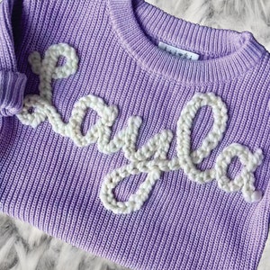 Hand Embroidered Custom Baby Name Sweater, Personalized New Baby Knitted Comforts Colors Sweater, Baby Girls Sweater with Name Birthday Gift Purple