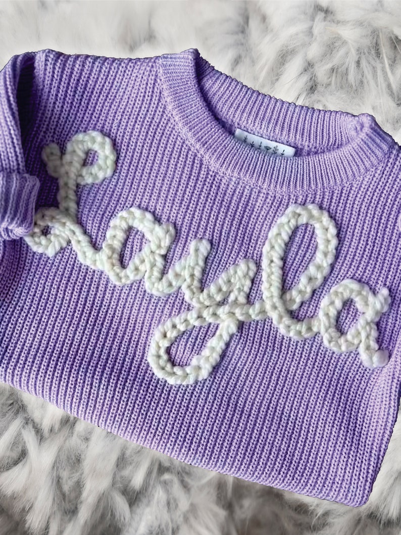 Hand Embroidered Custom Baby Name Sweater, Personalized New Baby Knitted Comforts Colors Sweater, Baby Girls Sweater with Name Birthday Gift Purple
