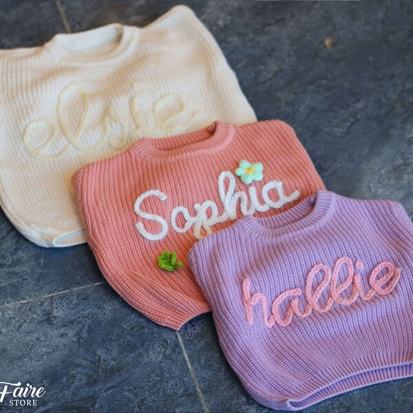 Custom Hand Embroidered Baby Name Sweatshirt, Personalized New Baby Sweater, Baby Girl Knitted Comforts Colors Jumper, Baby Birthday Gifts