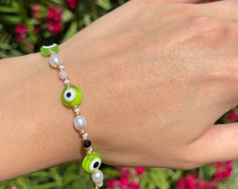 Real Pearl evil eye bracelet, seed bead evil eye bracelet, Real pearl beaded bracelet, Evil eye bracelet, customizable evil eye bracelet