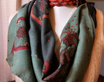 Gifts for her, Gifts for him, sage and Red ,Hand painted, pomegranate (Eri/ peace silk) scarf