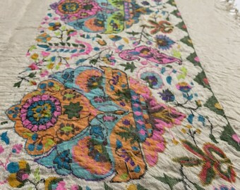Large Ivory Kashmiri Pashmina Kaani Embroidered Shawl, Winter Wrap (40x80 inches)