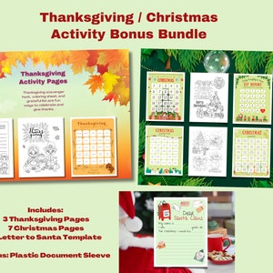 Kids Thanksgiving / Christmas Activity Bundle with Countdown, Elf Report, Scavenger Hunts, Bucket List, Letter to Santa, and Coloring Pages