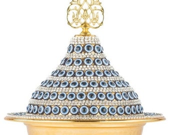 Evil Eye and Stones Sugar Bowl Dragee Holder Turkish Delight Holder Metal Dome Gold