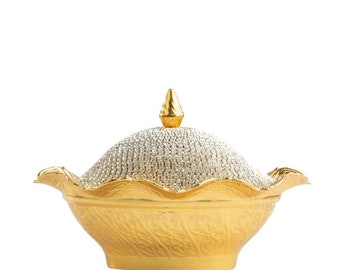 Sugar Bowl Large Oval Lid Dragee Holder Decorative Gold