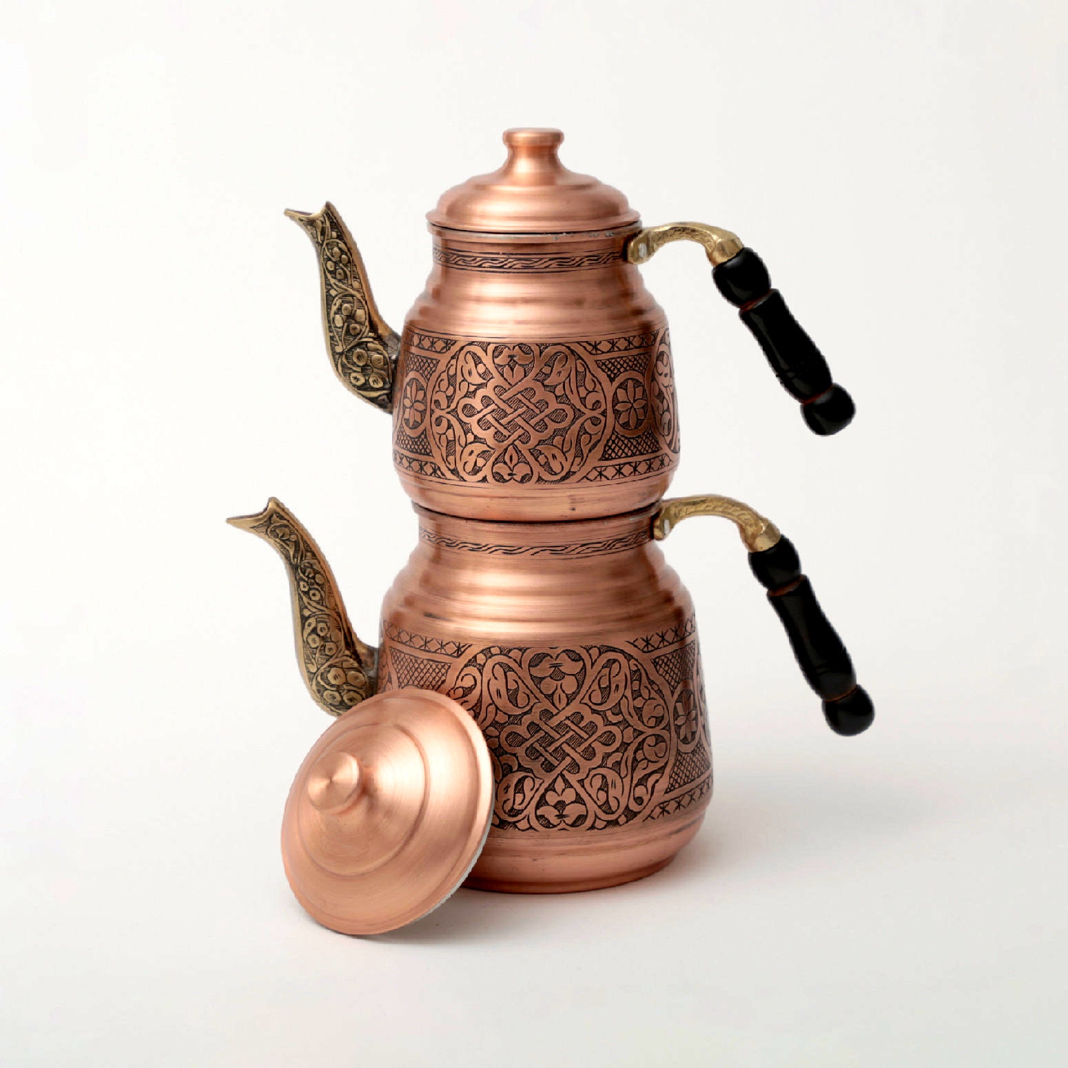 Handmade Copper Turkish Tea Pots, Thickest Copper Double Teapot Set for  Stovetop, Decorated and Painted Samovar Style Vintage Tea Kettle Pot with  Brass and Wooden Handle 
