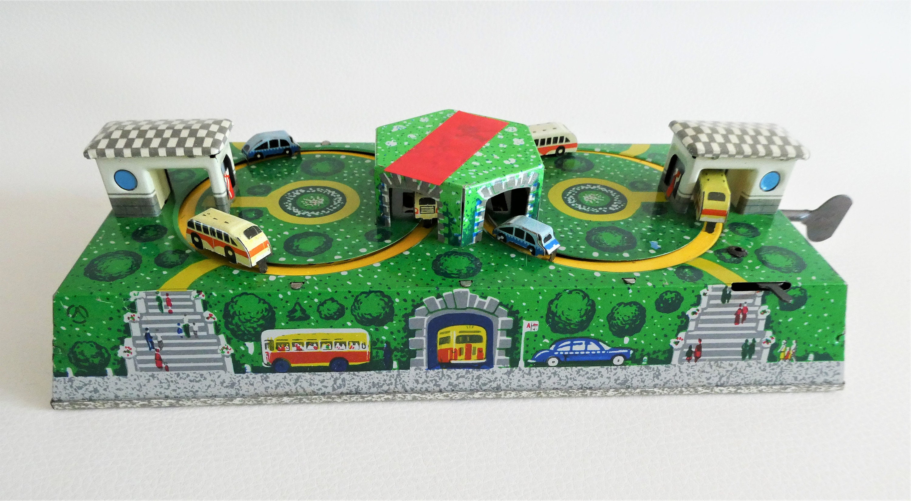 Ancien Jouet Mécanique à Clé Russe – Tôle ABTOTPACCA – Circuit De Bus Avec Boîte