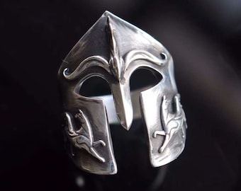 Spartan Warrior Ring, Distressed Spartan Helmet Ring in 925 Silver, Tough Guy Style Sterling Silver Jewelry Gifts for Him