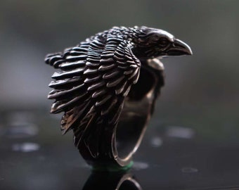 Raven ring, antique 925 sterling silver wishing bird of victory Raven ring, personalized birthday gift for him