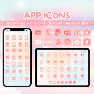 May include: A digital illustration showcasing a collection of 138 cute app icons in a soft pink color scheme, designed for Android, iPhone, and tablet devices. The image includes a smartphone and a tablet displaying the icons, with the text "APP ICONS".
