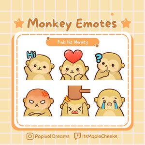 May include: A set of six cartoon monkey emotes with different expressions. The emotes are labeled "Puds the Monkey" and include "Hi", "Love", "Question", "Angry", "Scared", and "Sad".