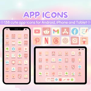 Puede incluir: Una colección de 138 iconos de aplicaciones coloridos para dispositivos Android, iPhone y tableta. Los iconos se muestran en un fondo rosa con un borde blanco. Los iconos están dispuestos en una cuadrícula y incluyen aplicaciones populares como YouTube, Instagram, Facebook y Twitter.