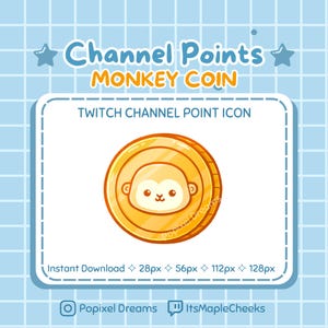 Pode incluir: Uma moeda de ouro com um rosto de macaco de desenho animado nela. A moeda é etiquetada como "Monkey Coin" e é um ícone de ponto de canal Twitch. O texto "Download instantâneo 28px 56px 112px 128px" está abaixo da moeda.