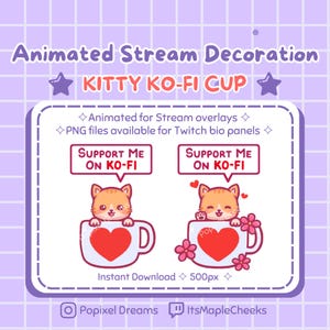 Op de afbeelding: Geanimeerde stream overlay met een cartoonkatje dat uit een witte koffiemok met een rood hart kijkt. De mok heeft een roze bloem aan de zijkant. De tekst "Support Me On Ko-Fi" staat in een rode spraakballon boven de mok.