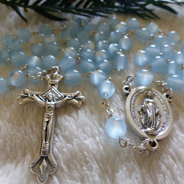 Chapelet belles perles bleues nacres - Chapelet catholique - Cadeau communion - Rosaire - Cadeaux religieux