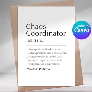 Tarjeta de despedida imprimible en Canva: Coordinador del caos y multitarea, para compañeros de trabajo, divertida, tarjeta de despedida, tarjeta de despedida, jubilación, despedida, grosero