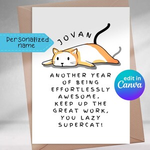 Cartões de aniversário imprimíveis em Canva para gato sonolento, amigos, criança, crianças, especial, feliz aniversário, personalizado