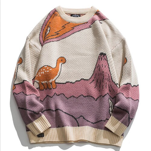 Dinosaur Print Knitted Sweater Oneck Sweater Longsleeved Etsy