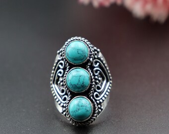 Turquoise vintage ring\Gemstone ring\Silver plated ring\large gemstone ring\fashion vintage ring\Solitaire ring