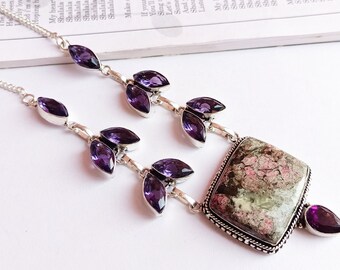 Amethyst And Natural Edulite Necklace\Gemstone necklace\gift for her\Silver necklace\Chain linked Necklace\Unique bohemian necklace