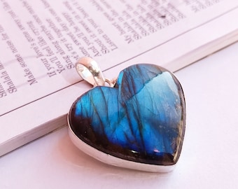 Natural blue fire labradorite pendant necklace\ natural labradorite heart shape pendant\ valentine gift