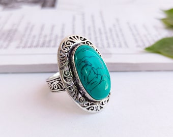 Turquoise vintage ring\Gemstone ring\Silver plated ring\large gemstone ring\fashion vintage ring\Solitaire ring