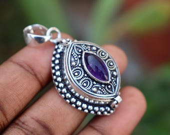 Natural Amethyst Gemstone Statement Poison Box Gemstone Pendant- Handmade Silver Plated Poison Pendant- Unique gemstone Pendant- Box Pendant