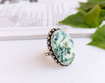 Handmade Silver plated tree Lace agate ring\Silver agate gemstone ring\Agate Ring\gemstone ring