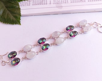 Mystic,Rainbow moonstone Bracelet\Gemstone 925 Sterling Silver Plated Bracelet\Moonstone bracelet\Mystic Topaz Bracelet