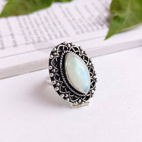 Flashy moonstone Ring-Rainbow Moonstone Ring-Marquise Moonstone Ring-Boho Ring-Silver Plated Ring-Christmas Gift For Her-women's Ring