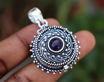 Round Shape Natural Amethyst Gemstone Statement Poison Box Gemstone Pendant- Handmade Silver Plated Poison Pendant- Unique gemstone Pendant