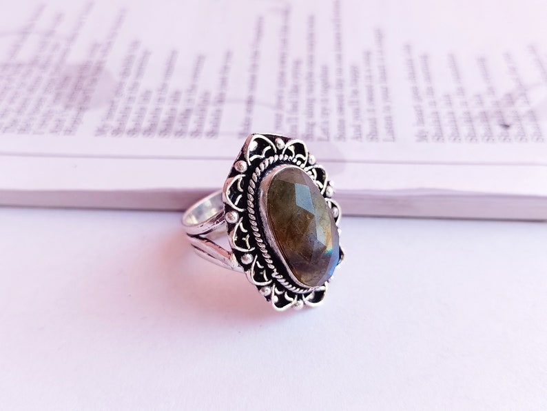 Natural labradorite silver plated ringLabradorite statement ring labradorite ring dainty ring Stackable ring gift for her image 1