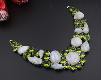 Collar de piedra lunar y peridoto arco iris natural\Collar de peridoto de piedras preciosas\Collar de piedra lunar\Collar de piedras preciosas arcoíris\Regalo único para ella