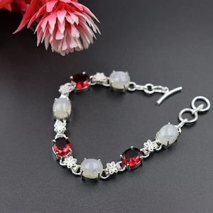 Moonstone and Garnet Charm bracelet\ Moonstone Bracelet\ Moonstone Jewelry\ Bracelet For her\ Silver plated bracelet