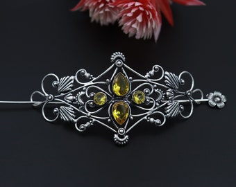 Stunning And Beautiful handmade silver plated hair clip barrette-celtic viking knot hair pin-hair clip for women-hair Knot With Citrine