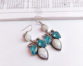 Natural moonstone , Blue topaz earrings\Earrings For her\Silver moonstone earrings\Gemstone Earrings\butterfly Earrings