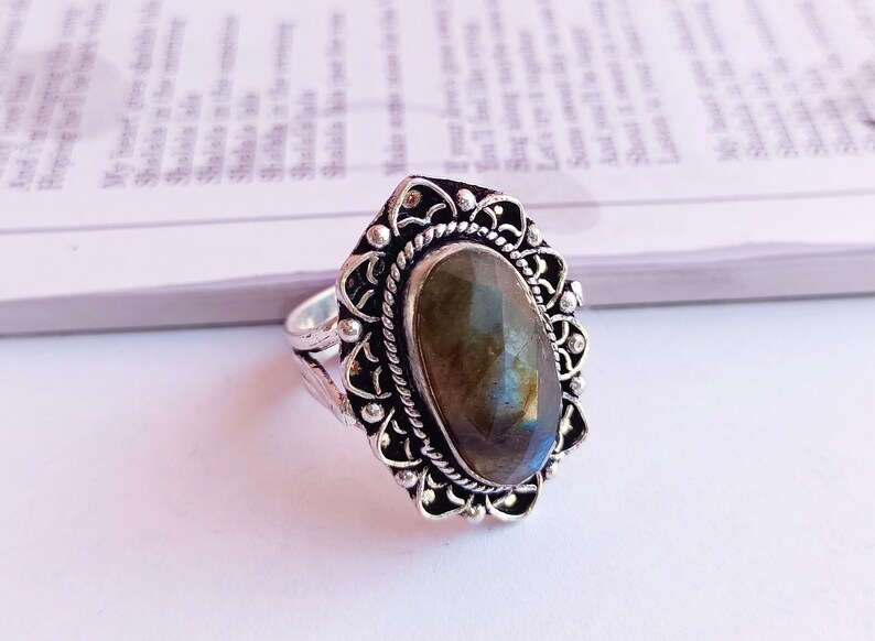 Natural labradorite silver plated ringLabradorite statement ring labradorite ring dainty ring Stackable ring gift for her image 3