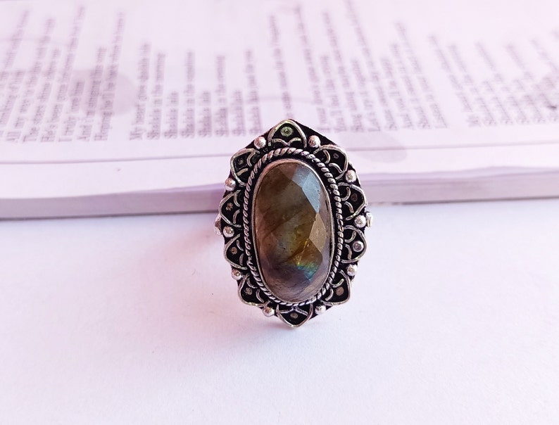 Natural labradorite silver plated ringLabradorite statement ring labradorite ring dainty ring Stackable ring gift for her image 2