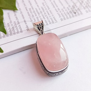 Sterling Silver Plated Rose Quartz Necklace\January Birthstone\Large Rose Quartz Pendant\Rectangle Shape rose quartz\Gift ideas