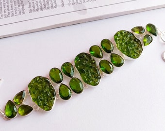 Faceted Moldavite and peridot Bracelet\Green raw moldavite bracelet\Faceted moldavite bracelet\Multi stone bracelet\Party wear jewelry