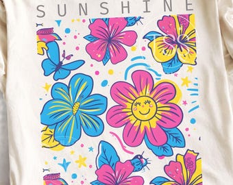 Retro Sunshine Flowers PNG: Trendy Summer Design (Digital Download)