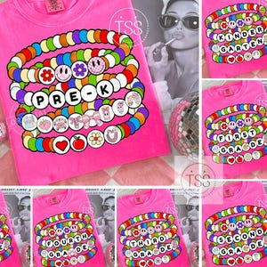 Puede incluir: Camisetas de color rosa brillante con un diseño de pulsera colorido. Las pulseras presentan caras sonrientes, flores, corazones y las palabras "PRE-K", "Kindergarten", "First Grade", "Second Grade", "Third Grade" y "Fourth Grade".