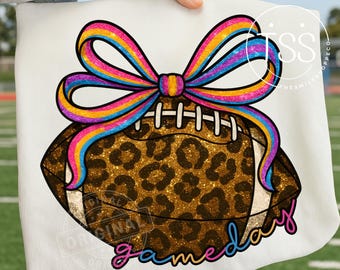 Game Day Football PNG: Leopard Print, Bow Design (Digital Download)