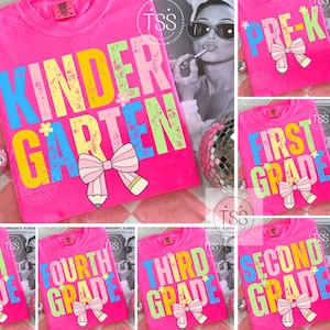 Preppy Back to School Floral Bundle PNG, First Day of School Designs, Kindergarten to Third Grade, Retro Teacher Shirt Neon Sublimation