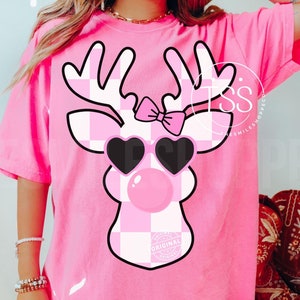Rosa kariertes niedliches Girly Reindeer, das Blase PNG kariert Retro Weihnachten PNG Rentier PNG Niedliches Weihnachts-Sweatshirt Sublimation Design Bogen PNG